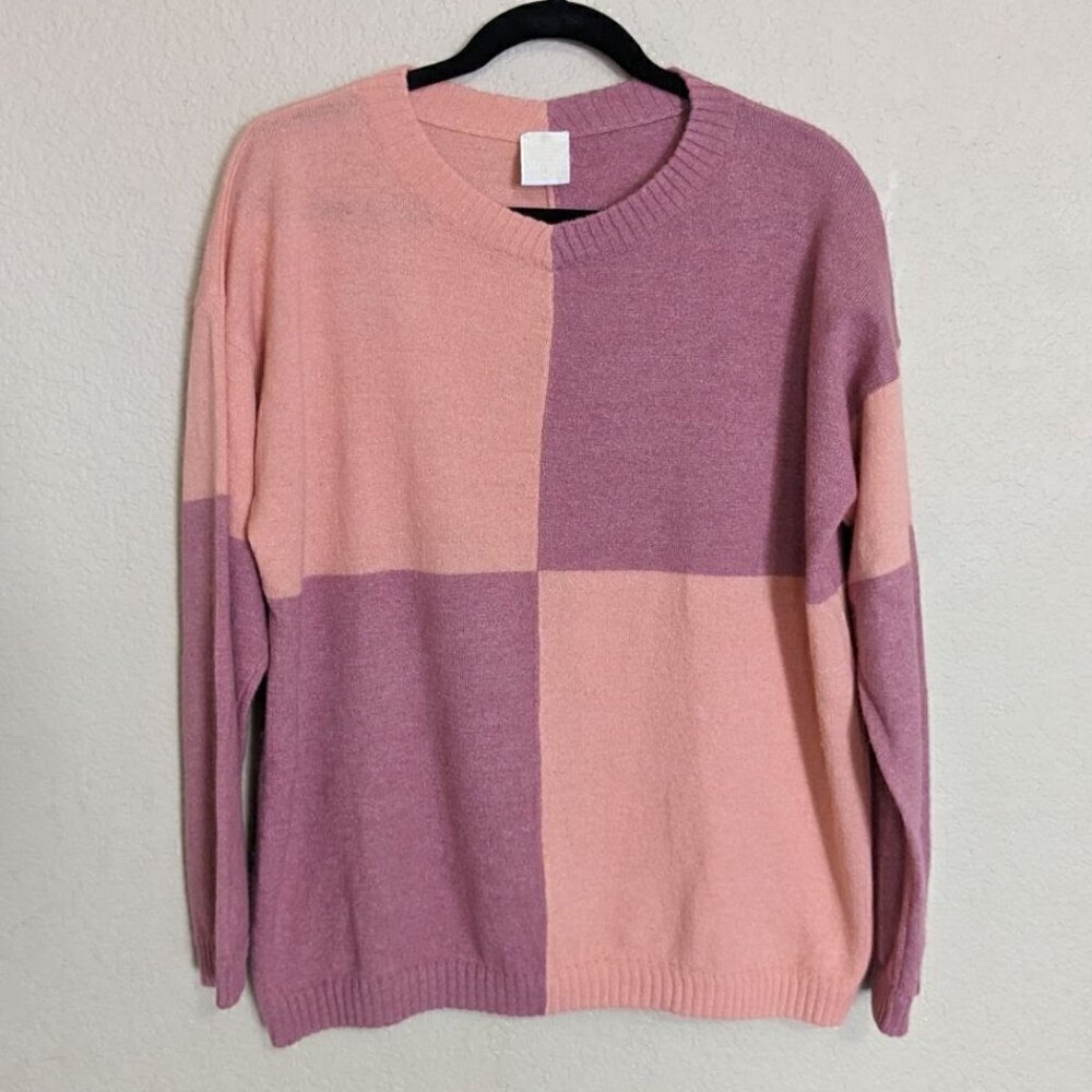 Vintage Krizia Maglia Italian Designer Colorblock Knit Sweater Pink Mauve Size L